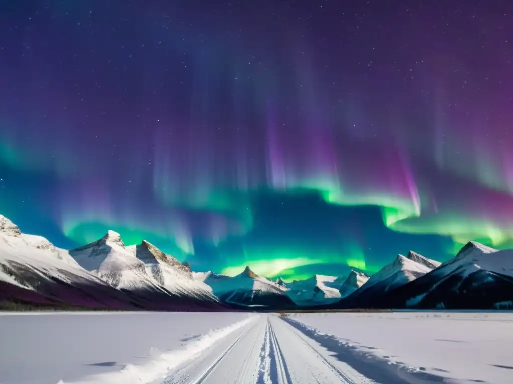 Espectacular Aurora Boreal: fenómeno natural místico en vibrantes tonos verdes y morados sobre un paisaje nevado estrellado