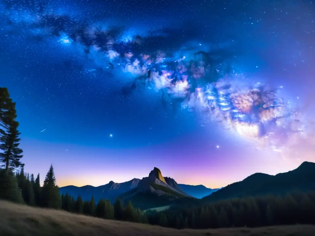 Espectacular cielo estrellado con la Vía Láctea y siluetas de árboles y montañas