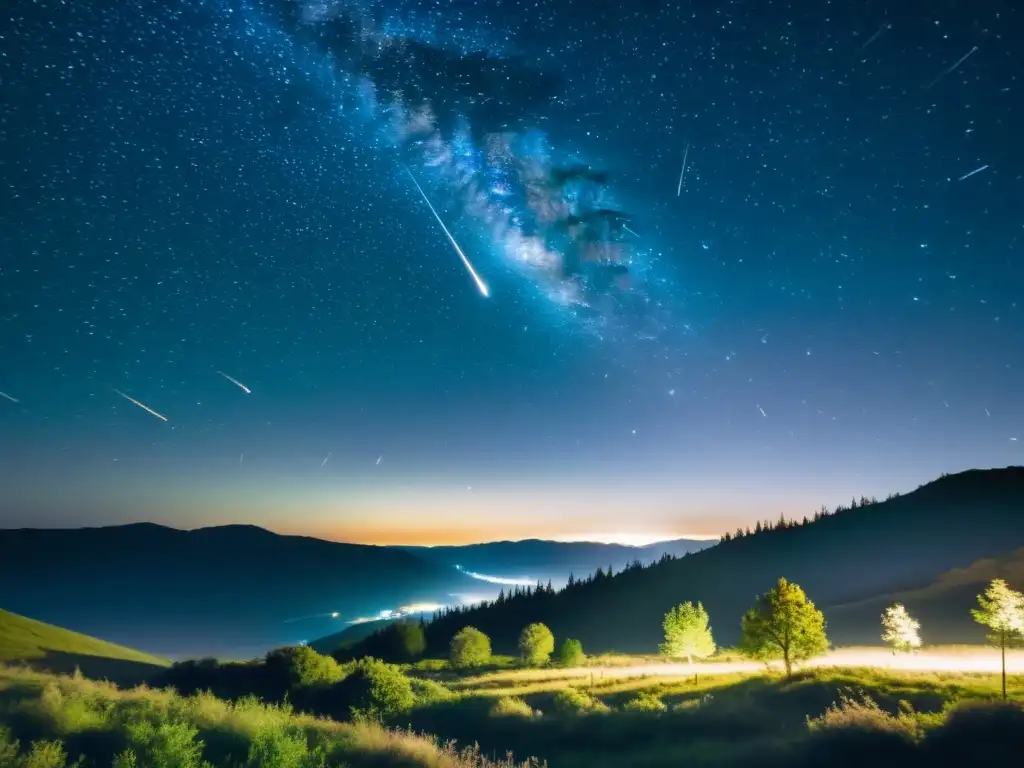 Espectacular fotografía vintage de lluvia de meteoros en un paisaje sereno