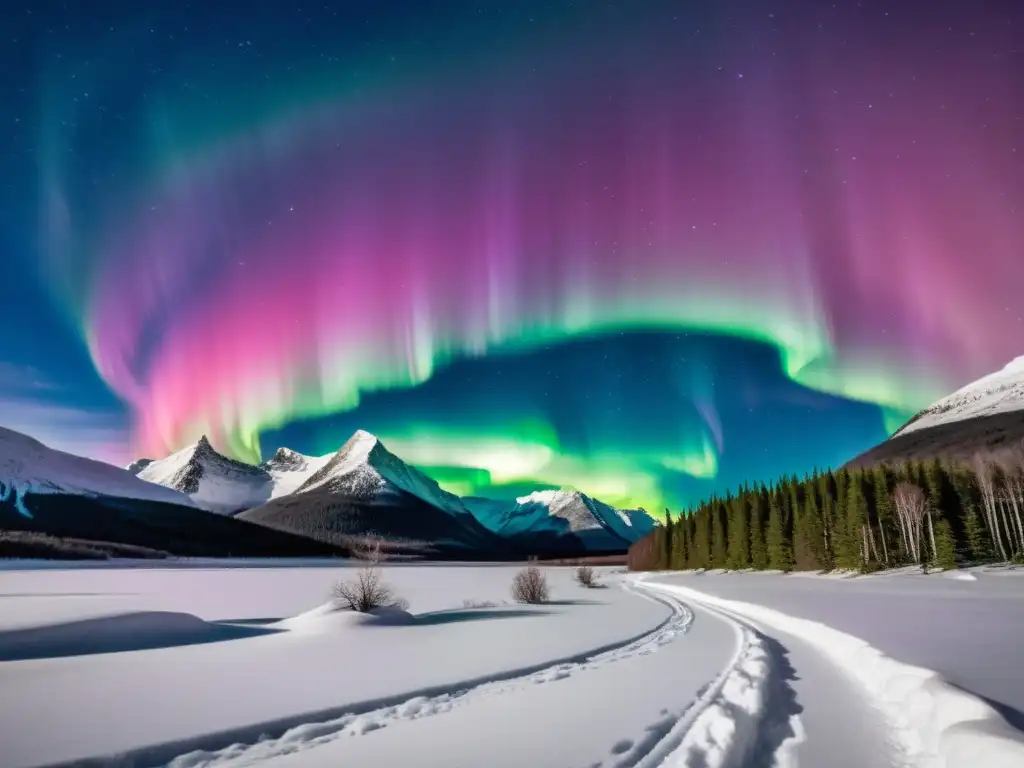 Un espectacular y místico paisaje de aurora boreal bailando en el cielo estrellado sobre un paisaje nevado