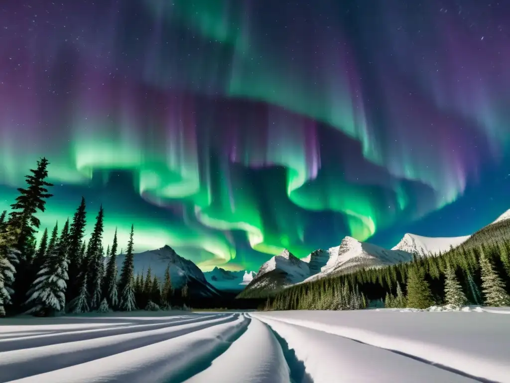 Espectacular aurora boreal sobre montañas nevadas y árboles