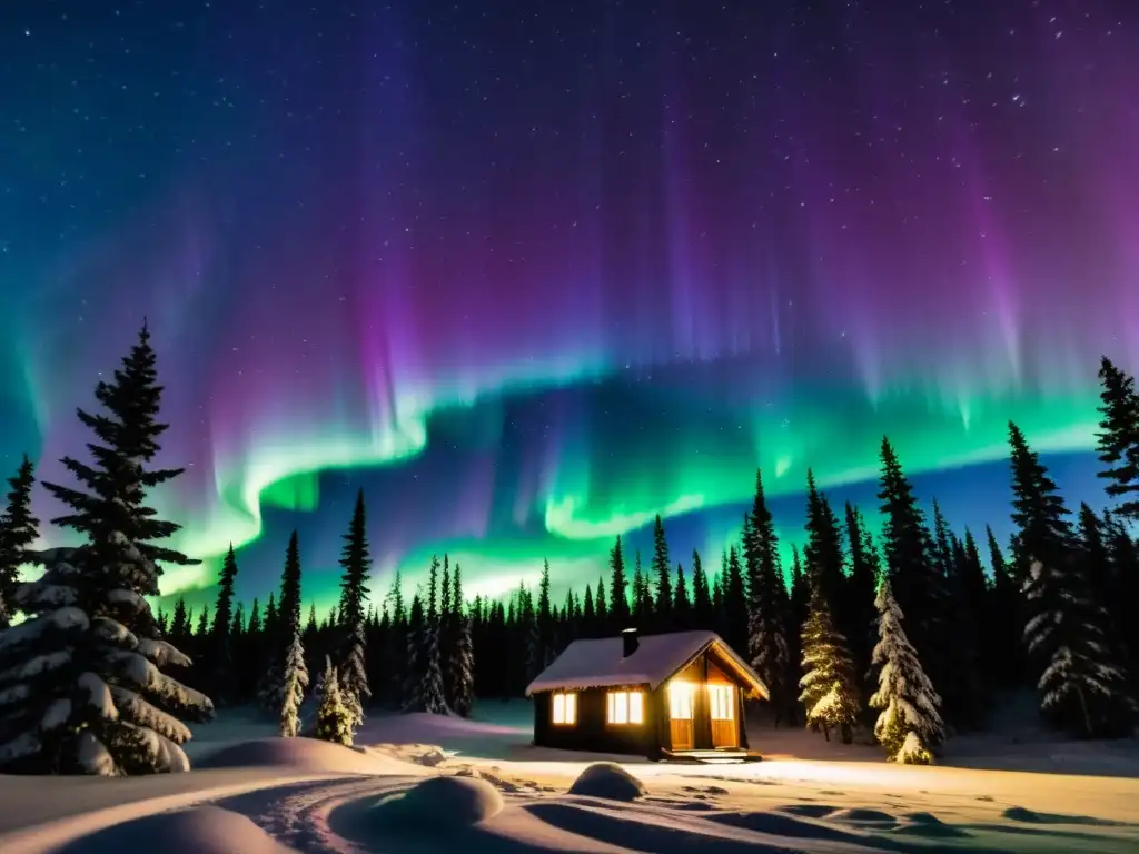 Espectacular aurora boreal en la noche sobre una cabaña en el bosque