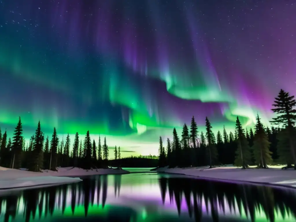 Espectacular aurora boreal en la noche reflejada en el agua, rodeada de altos pinos