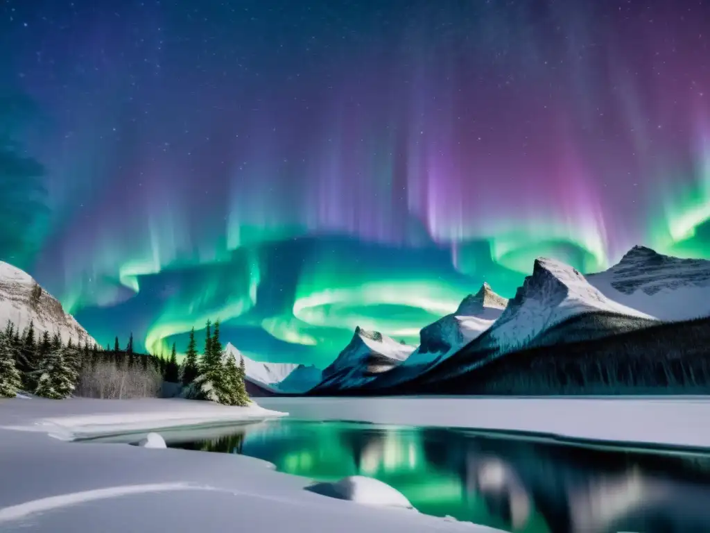 Espectacular fotografía nocturna de auroras boreales pintando el cielo con tonos verdes, morados y azules sobre un paisaje nevado y un lago congelado