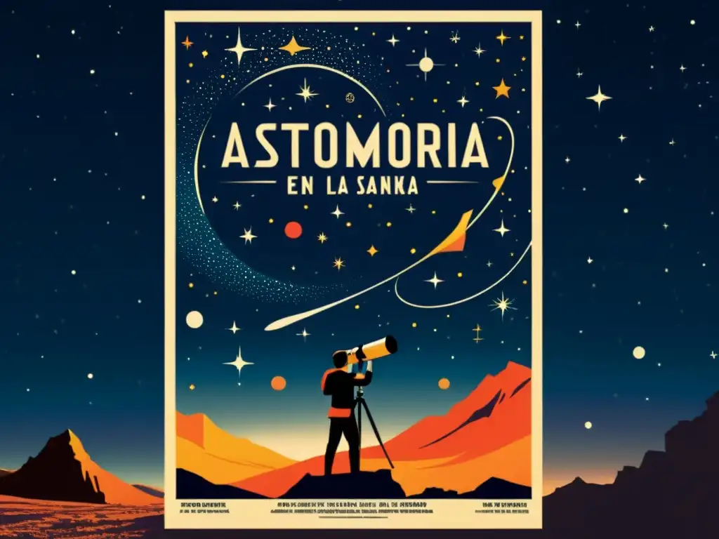 Un espectacular póster vintage de astronomía en el cine moderno con un paisaje celestial dramático y elementos cinematográficos icónicos