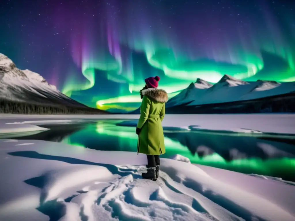 Espectacular aurora boreal verde y morada sobre un paisaje nevado y lago congelado