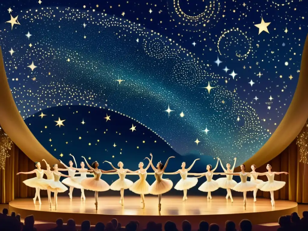 Un espectáculo de ballet y ópera en un escenario celestial, con danzantes elegantes bajo un cielo estrellado