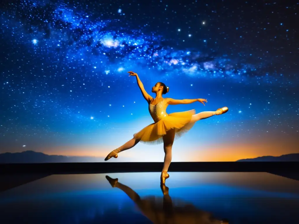 Espectáculo vintage de ballet bajo el cielo estrellado, con danzantes y trajes celestiales