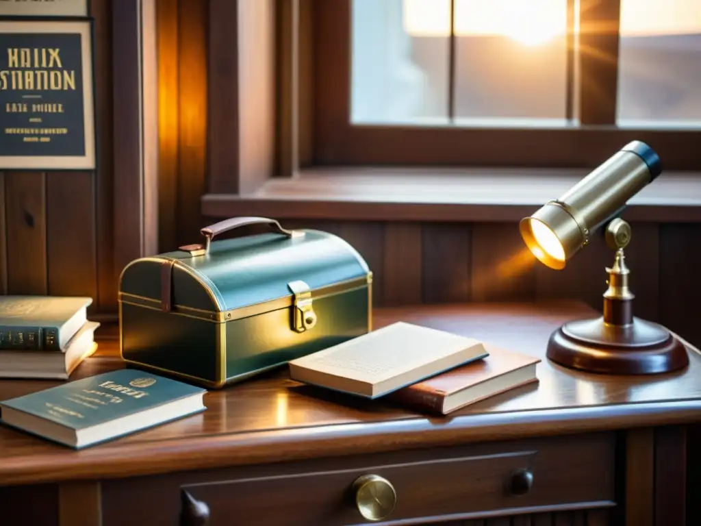 Una estación de energía portátil vintage junto a libros de astronomía y un telescopio clásico en una mesa de madera envejecida