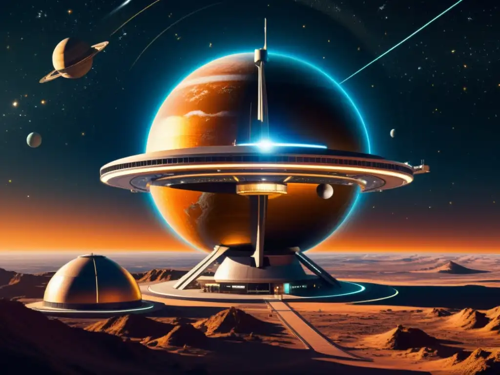 Una ilustración vintage de una estación espacial futurista orbitando un planeta distante, con detalles intrincados de su arquitectura y cuerpos celestes a su alrededor