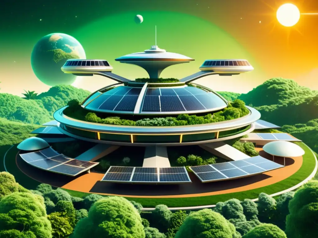 Una ilustración vintage de una estación espacial futurista rodeada de exuberante vegetación y fuentes de energía sostenible, mostrando una armoniosa coexistencia entre tecnología espacial avanzada y prácticas ecoamigables