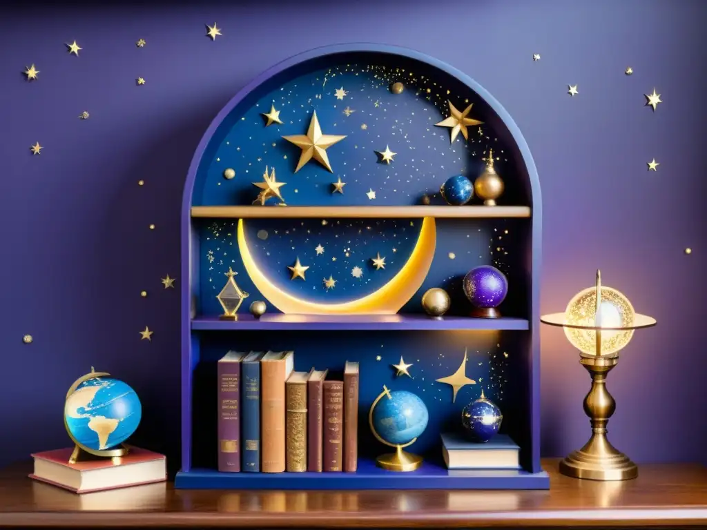 Estantería de madera estilo vintage con motivos espaciales, libros de astronomía, globos celestes y decoración estelar en tonos cósmicos