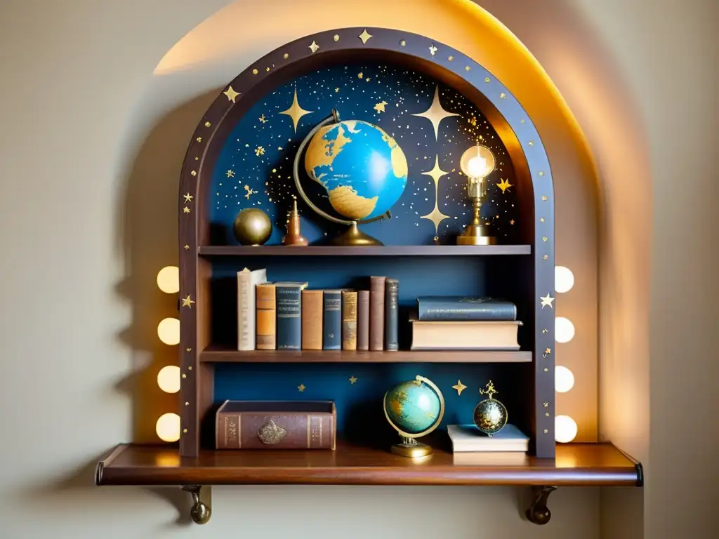 Estantería vintage con motivos espaciales, libros antiguos, telescopio y globo terrestre en estudio acogedor