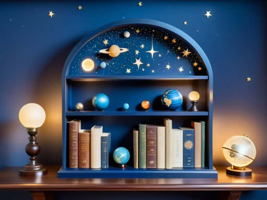 Estanterías con motivos espaciales: Libros antiguos y planetas en delicadas figuras de vidrio sobre un fondo azul con constelaciones pintadas a mano, iluminado por una lámpara, creando un ambiente acogedor y encantador