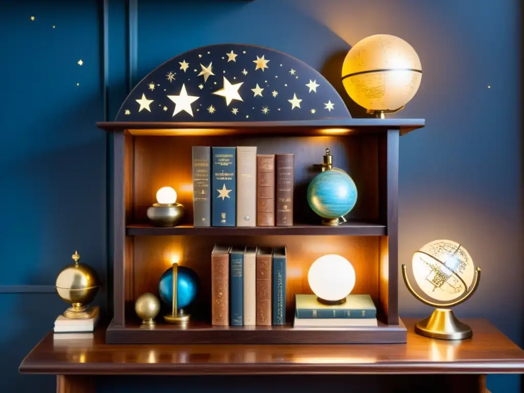 Estanterías vintage con motivos espaciales, libros de astronomía antiguos, telescopio y lámpara crean atmósfera nostálgica y acogedora