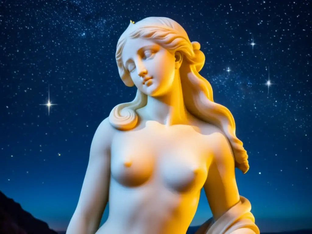 Una estatua de Galatea en mármol, iluminada por la luna y rodeada de estrellas, evocando su mitología y belleza celestial