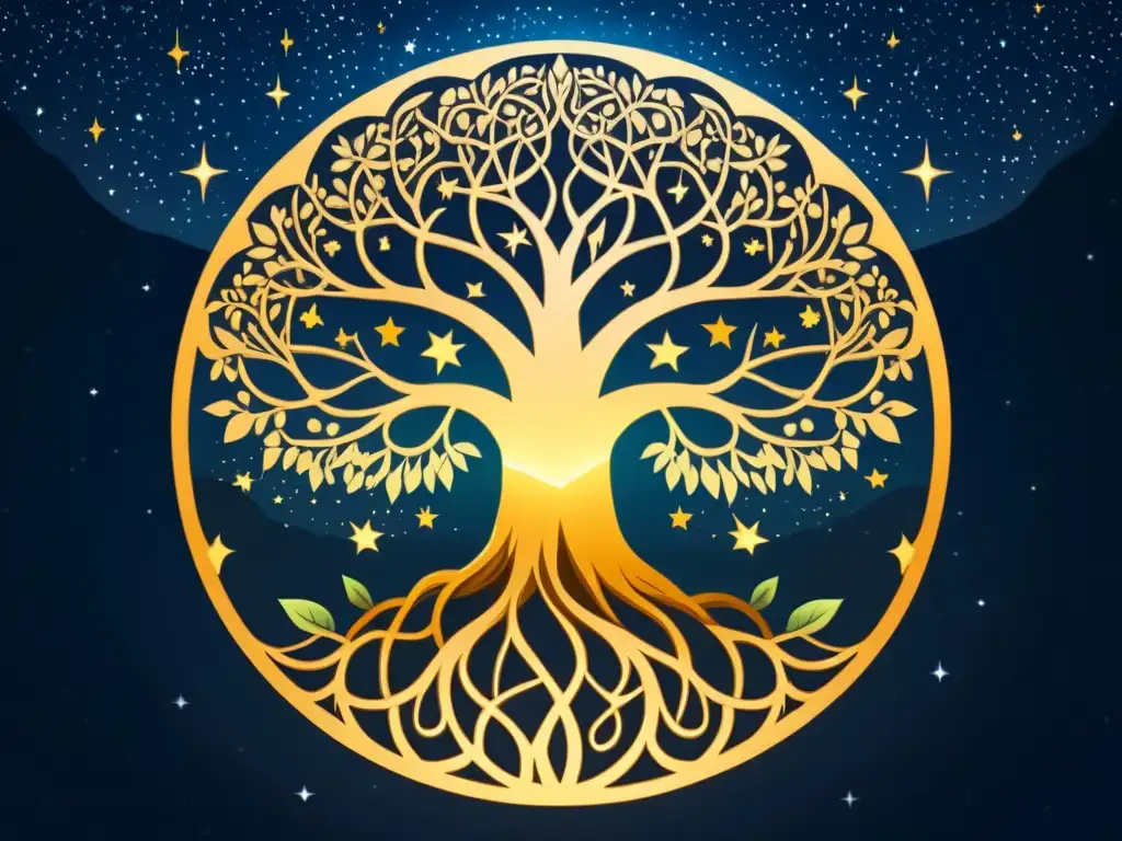 Representación estelar del Árbol Yggdrasil en ilustración vintage detallada de 8k, conectando cielo y tierra con sabiduría eterna