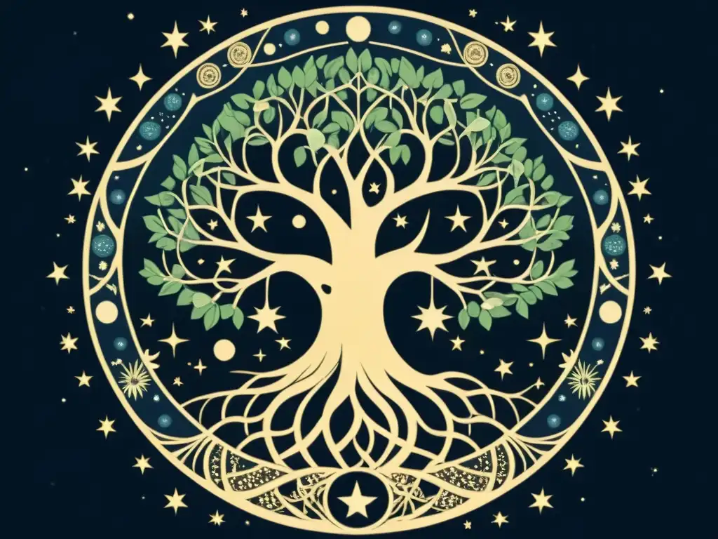 Representación estelar del Árbol Yggdrasil entrelazado con constelaciones en ilustración vintage