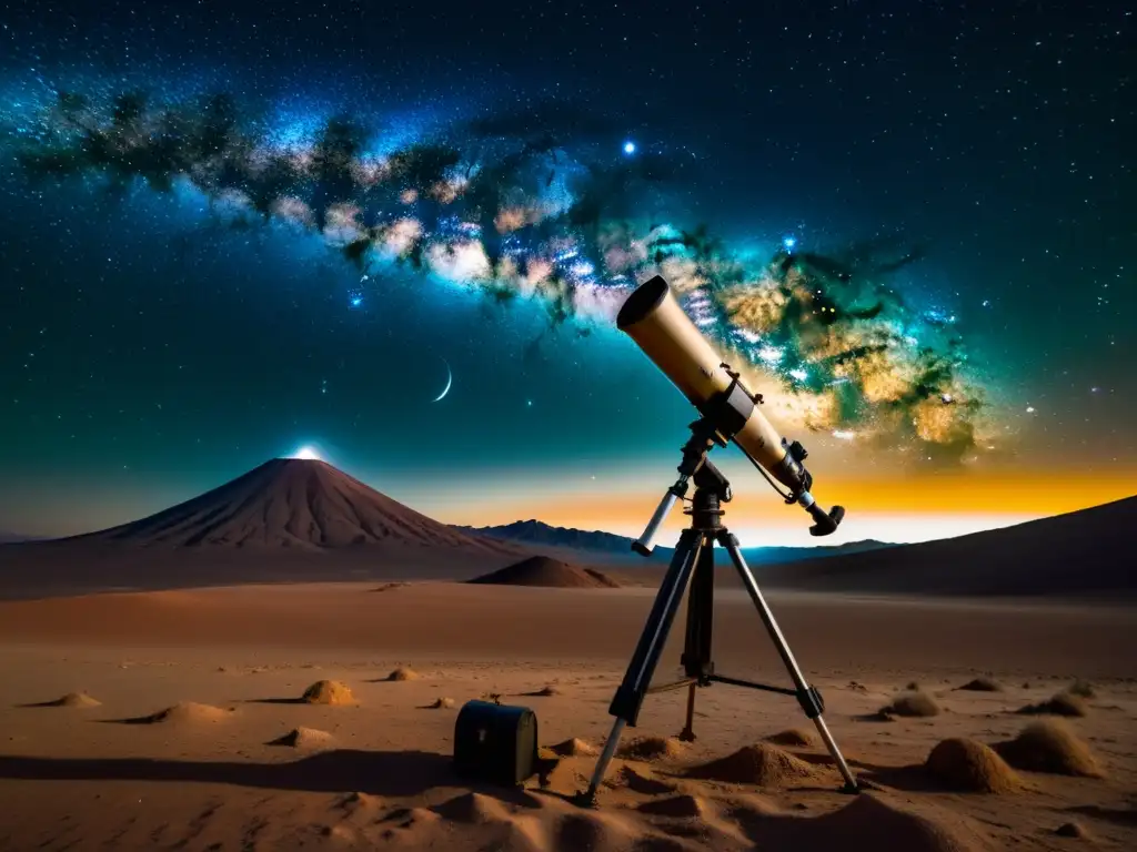 Guía de observación estelar Atacama: Noche estrellada en el desierto con la Vía Láctea y un telescopio vintage