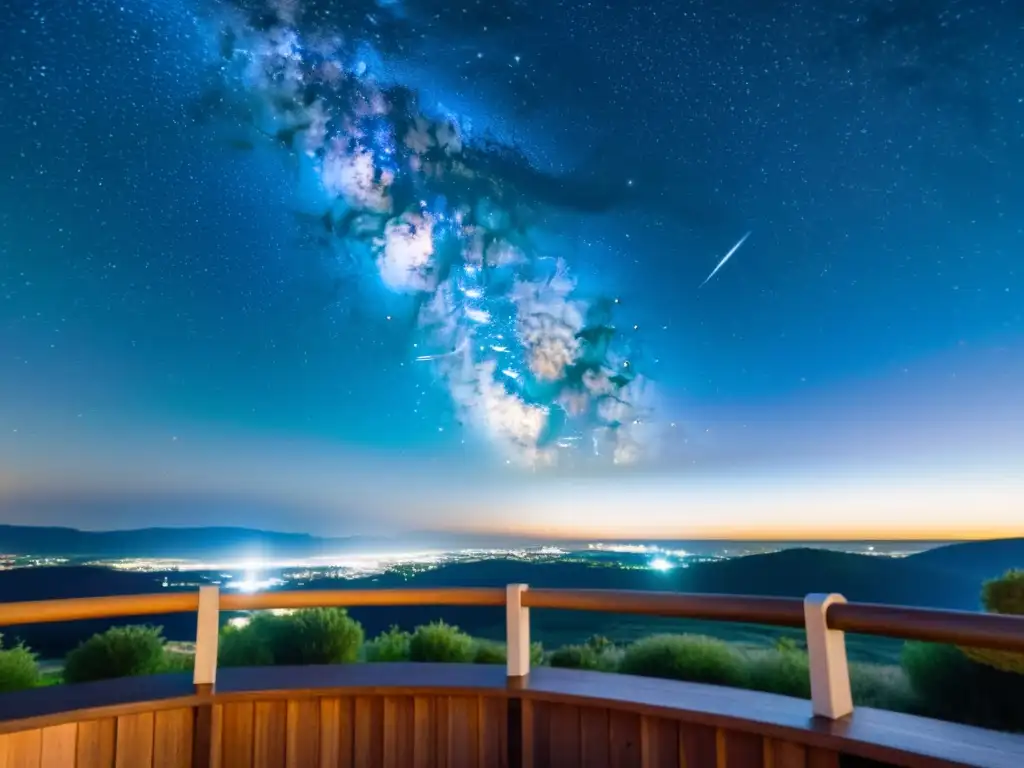 Observación estelar con telescopio en noche estrellada y contaminación lumínica urbana creando halo de luz