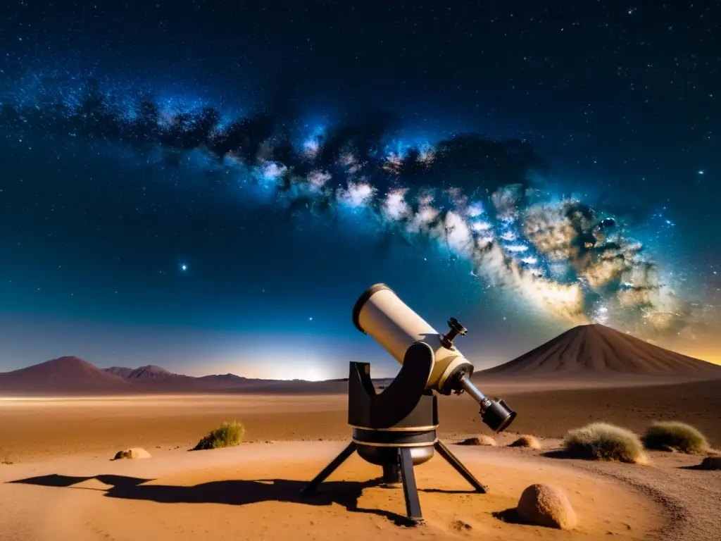 Guía de observación estelar Atacama: Telescopio vintage apuntando a las estrellas en el desierto, con la Vía Láctea en el cielo nocturno