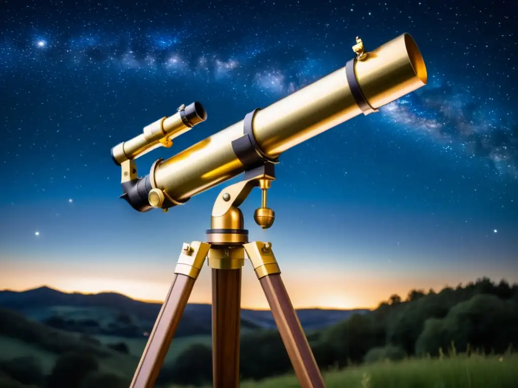 Tecnología de visualización para observación estelar: un telescopio vintage de latón pulido sobre un cielo estrellado lleno de maravilla y nostalgia