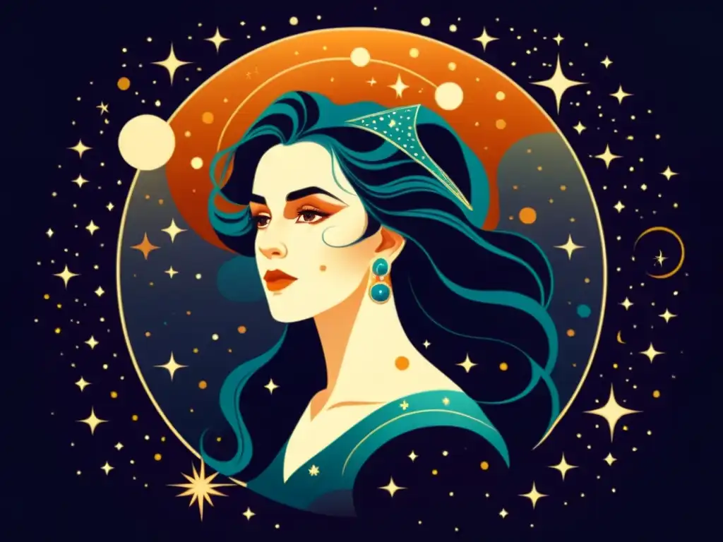 Una ilustración vintage de la constelación de Orión, resaltando la estrella Bellatrix en un suave y cálido resplandor, rodeada de elementos celestiales