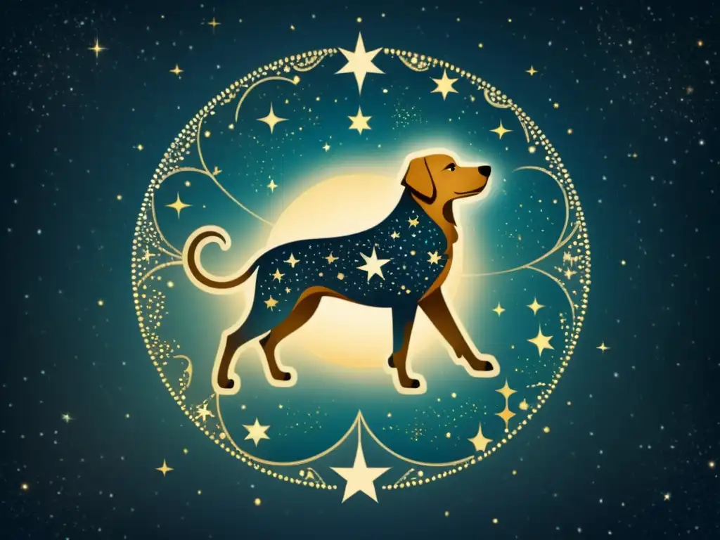 Una ilustración vintage de la constelación Canis Major y la estrella brillante Sirius en su centro, con detalles mitológicos