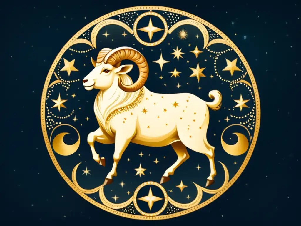 Ilustración vintage de alta resolución de la constelación de Aries, con la estrella Hamal destacada y símbolos míticos que evocan la fascinante mitología de Aries