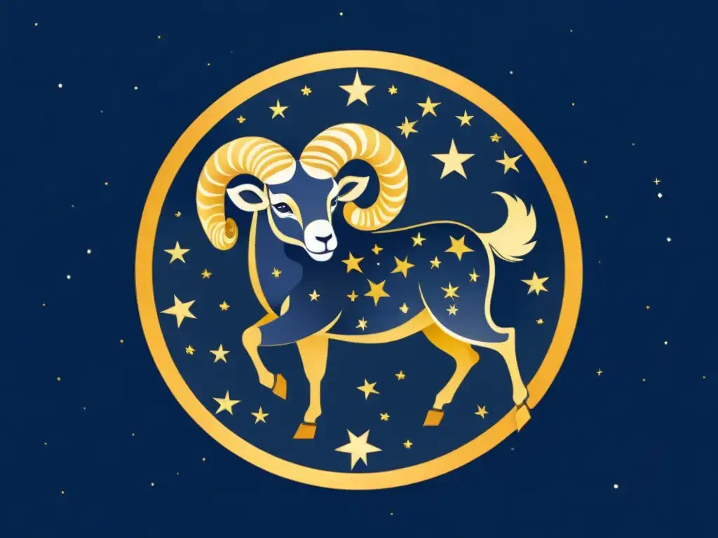 Una ilustración vintage de la constelación de Aries, con la estrella Hamal resaltada en un cálido tono dorado contra un fondo de cielo índigo profundo