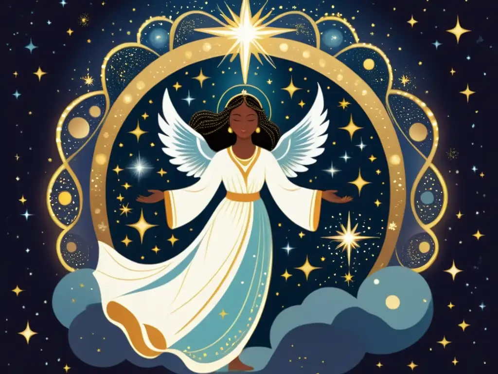 Nunki, la estrella Portadora de Buenas Nuevas, una figura celestial radiante rodeada de luz y polvo de estrellas, con un aura de gracia y benevolencia