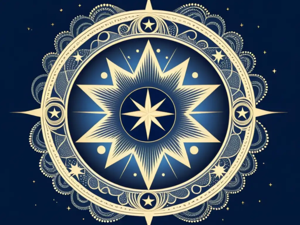 Una ilustración vintage de la estrella Procyon, con intrincados detalles celestiales en tonos índigo y azul medianoche, evocando la mitología de la estrella Procyon