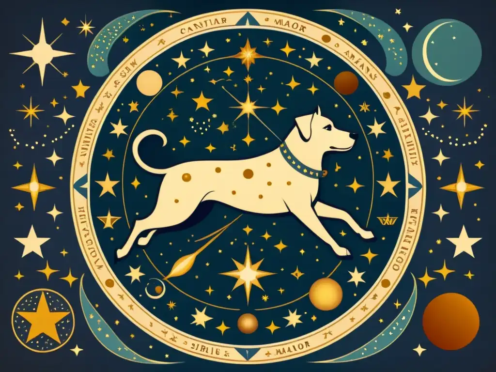 Una ilustración vintage de la constelación Canis Major, destacando la estrella Sirio rodeada de figuras mitológicas y símbolos