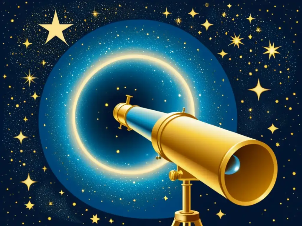 Una ilustración vintage de observación de estrellas antiguas a través de un telescopio, evocando asombro y exploración en tonos cálidos y nostálgicos