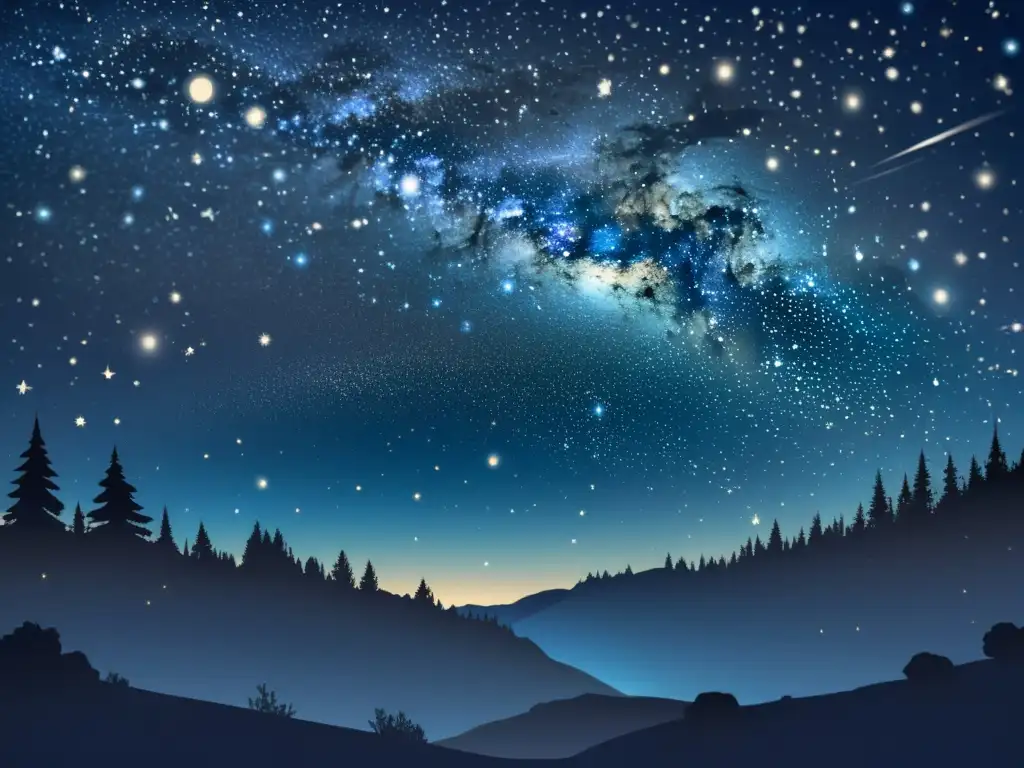 Deslumbrante noche estrellada con estrellas de carbono azul Ilustración vintage de estrellas de carbono en la oscuridad del espacio, creando una atmósfera mágica