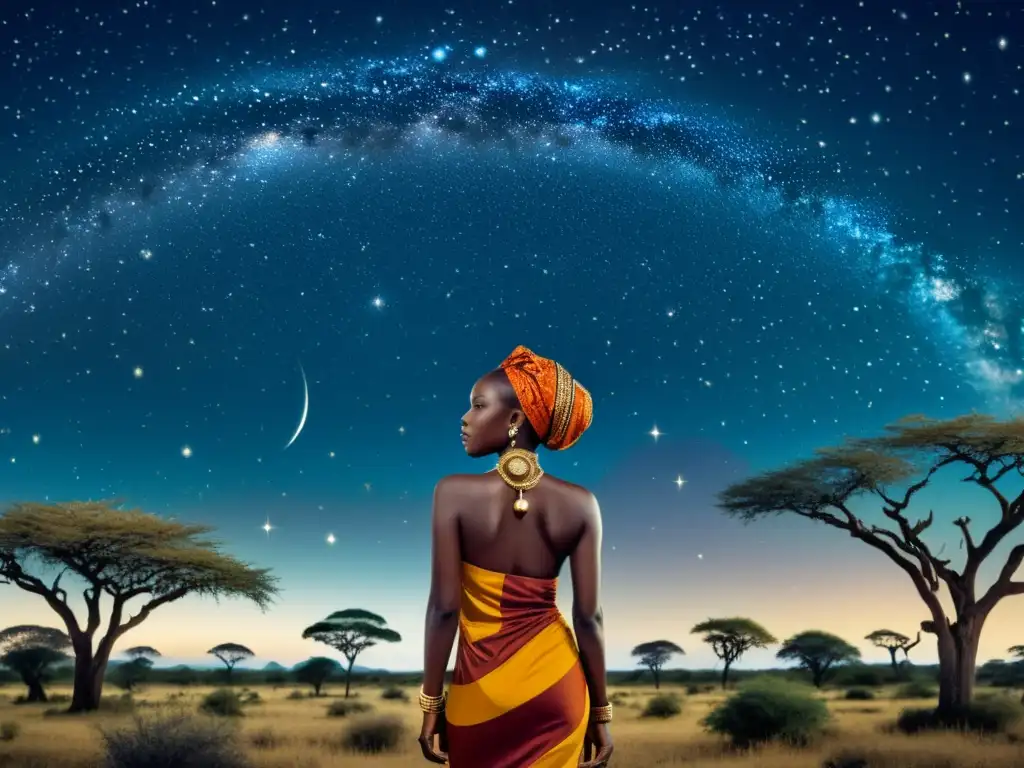 Observación de estrellas en África: Ilustración vintage del cielo nocturno africano, con constelaciones, objetos celestes y detalles intrincados, en una rica paleta de colores