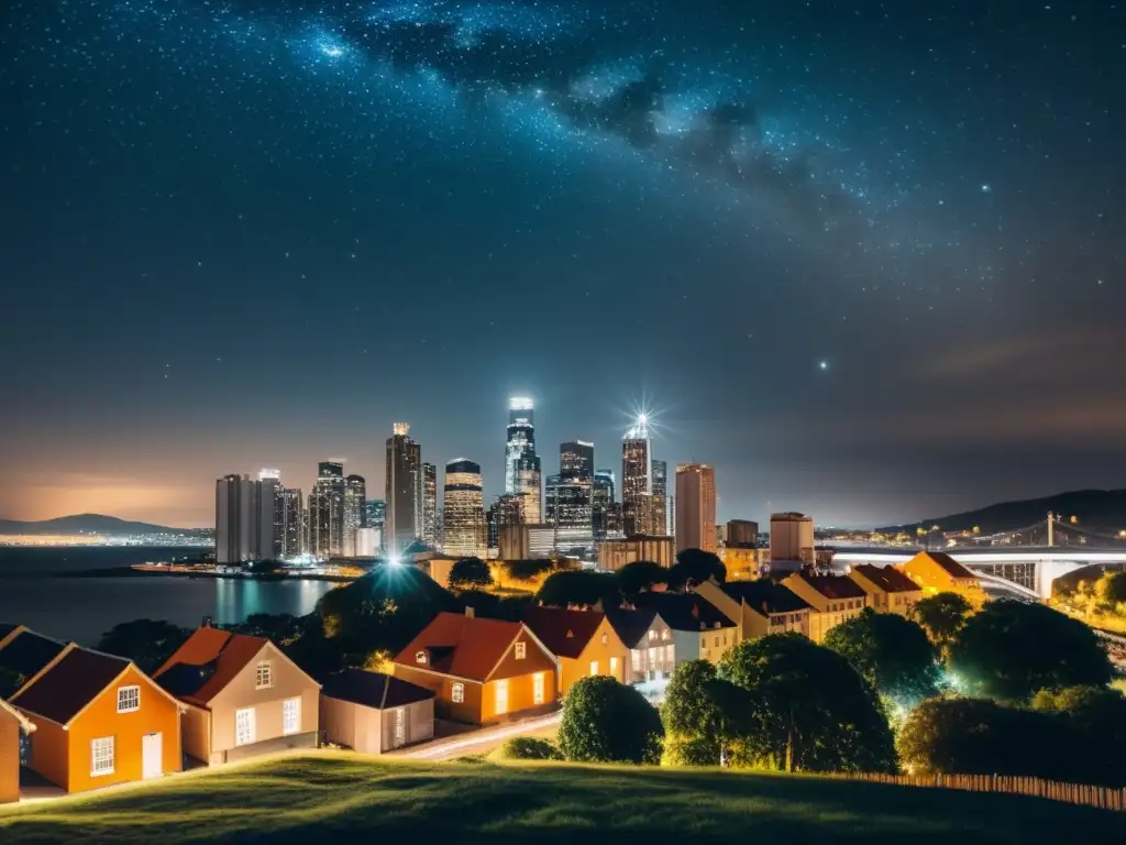 Fotografiando estrellas desde la ciudad: Una deslumbrante postal urbana nocturna con estrellas brillantes sobre los edificios iluminados