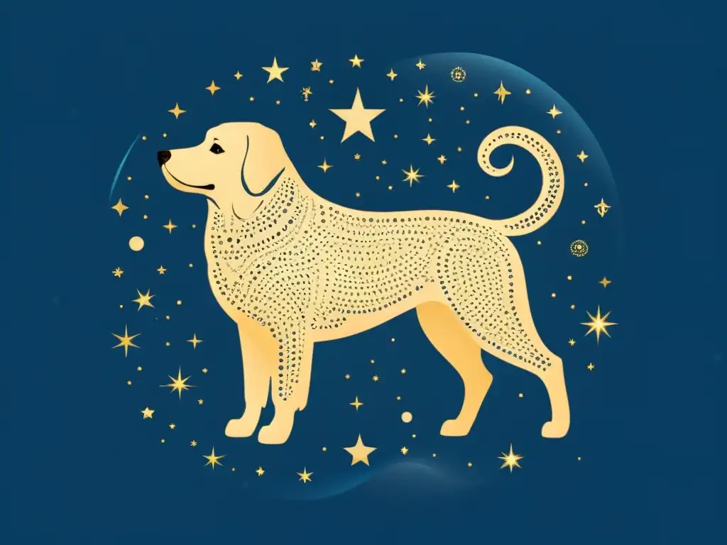 Una ilustración vintage de la constelación Canis Major, con estrellas detalladas formando la figura del Gran Perro sobre un fondo azul profundo