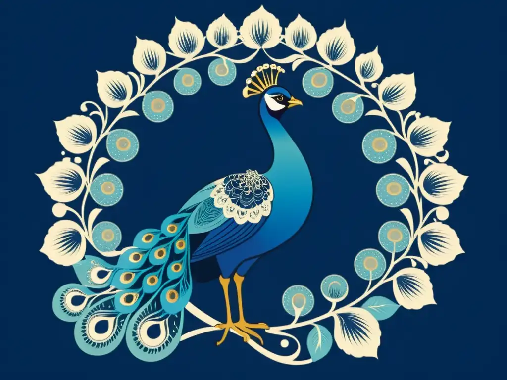 Una ilustración vintage de la constelación Pavo, con estrellas entrelazadas en tonos azules sobre un fondo de pergamino