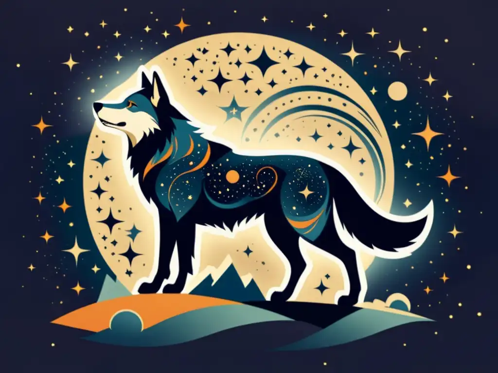 Una ilustración vintage de la constelación Lupus, con estrellas formando la figura de Fenrir, el lobo de la mitología nórdica