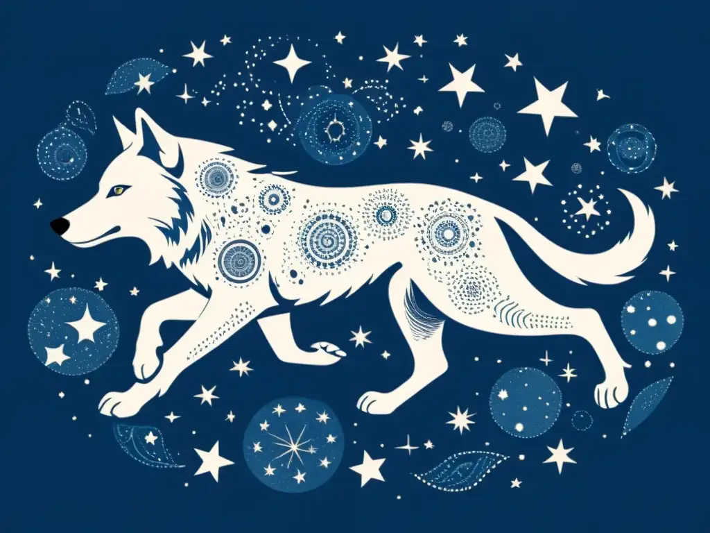 Una ilustración vintage de la constelación Lupus, mostrando el patrón de estrellas formando la figura de un lobo, Fenrir, en un cielo nocturno