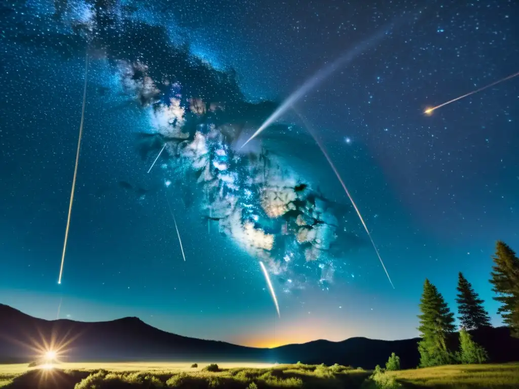 Espectáculo de meteoros en la noche estrellada Observar estrellas fugaces meteoros en una ilustración vintage de una noche estrellada con una lluvia de meteoros, evocando belleza y asombro