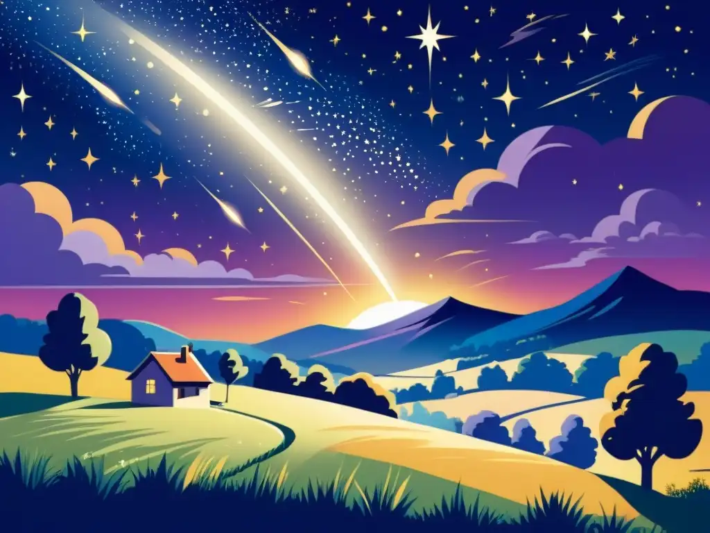 Lluvia de meteoros sobre el campo: maravilla nocturna Observa estrellas fugaces y meteoros sobre un sereno paisaje campestre, evocando nostalgia y tranquilidad bajo un cielo nocturno lleno de maravilla