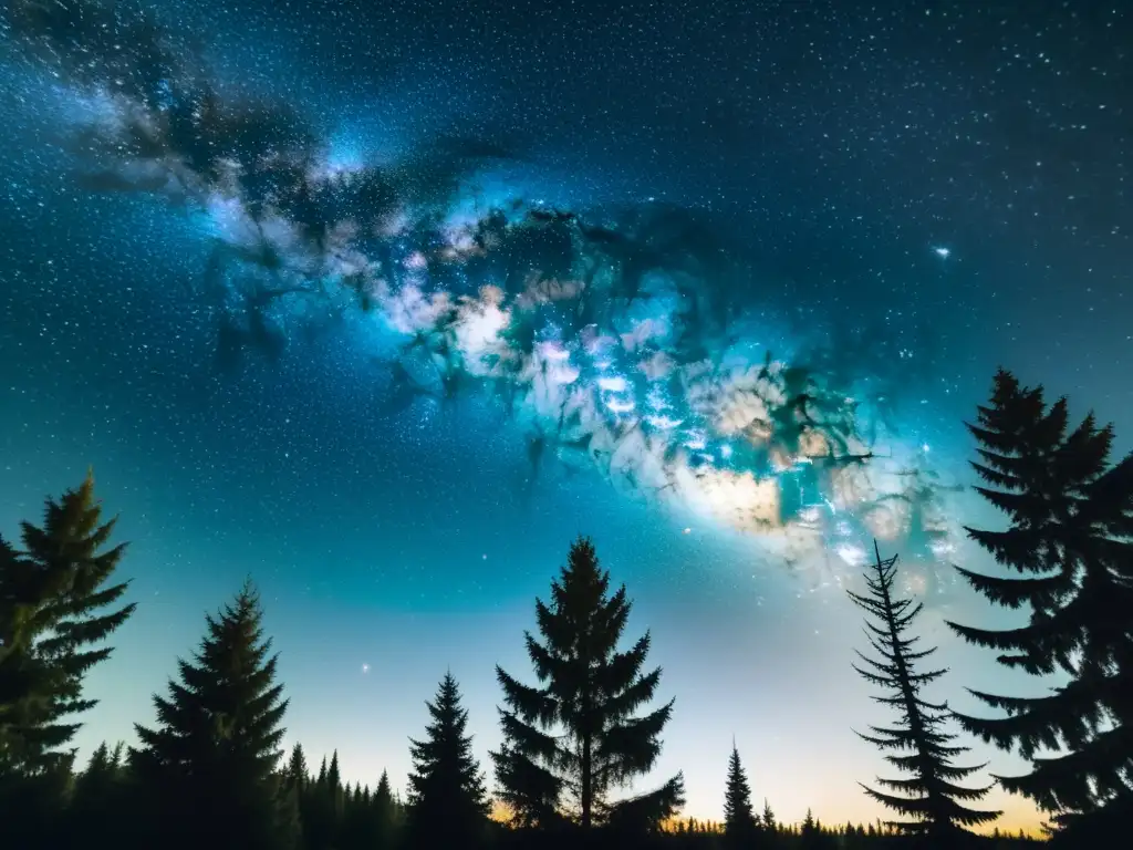 Una fotografía de estrellas nitidez en una noche clara y estrellada, con la Vía Láctea y árboles en silueta