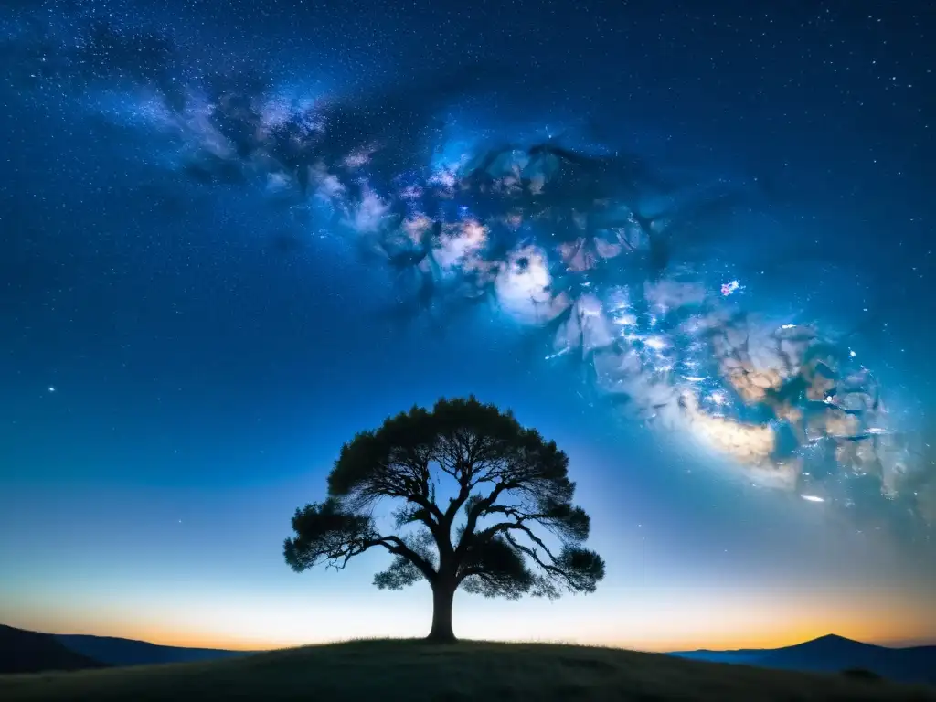 Fotografía de estrellas nitidez: Noche estrellada con la Vía Láctea y un árbol solitario en silueta, evocando nostalgia y asombro