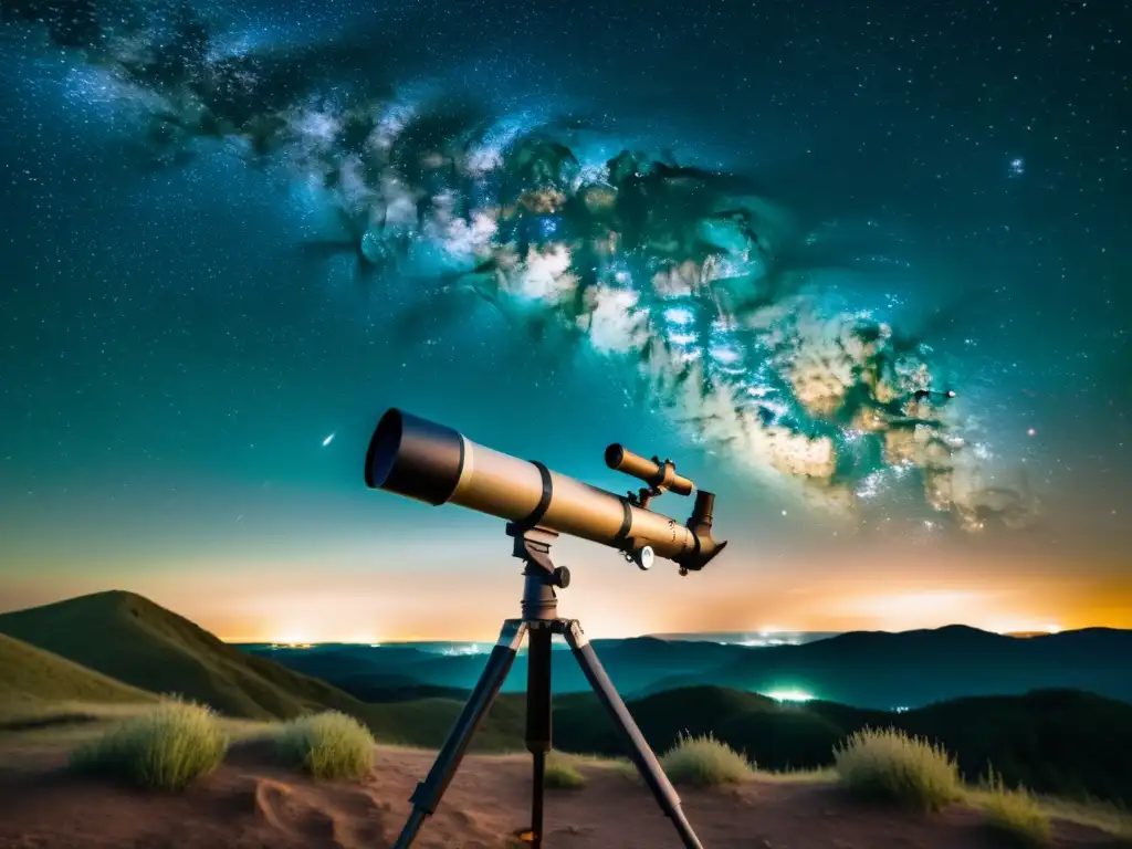 Fotografía de estrellas nitidez: Una vista vintage de la Vía Láctea en una noche estrellada, con un telescopio antiguo en primer plano