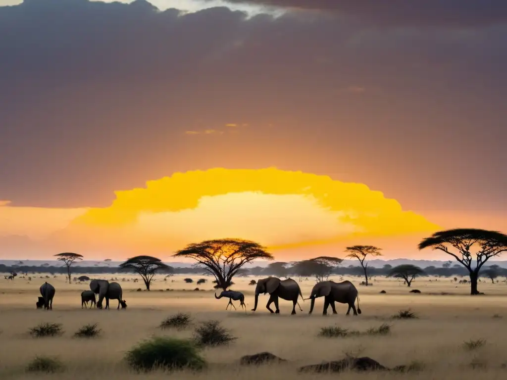 Observación de estrellas en África: Atardecer en la sabana africana, con árboles, animales salvajes y un cielo estrellado