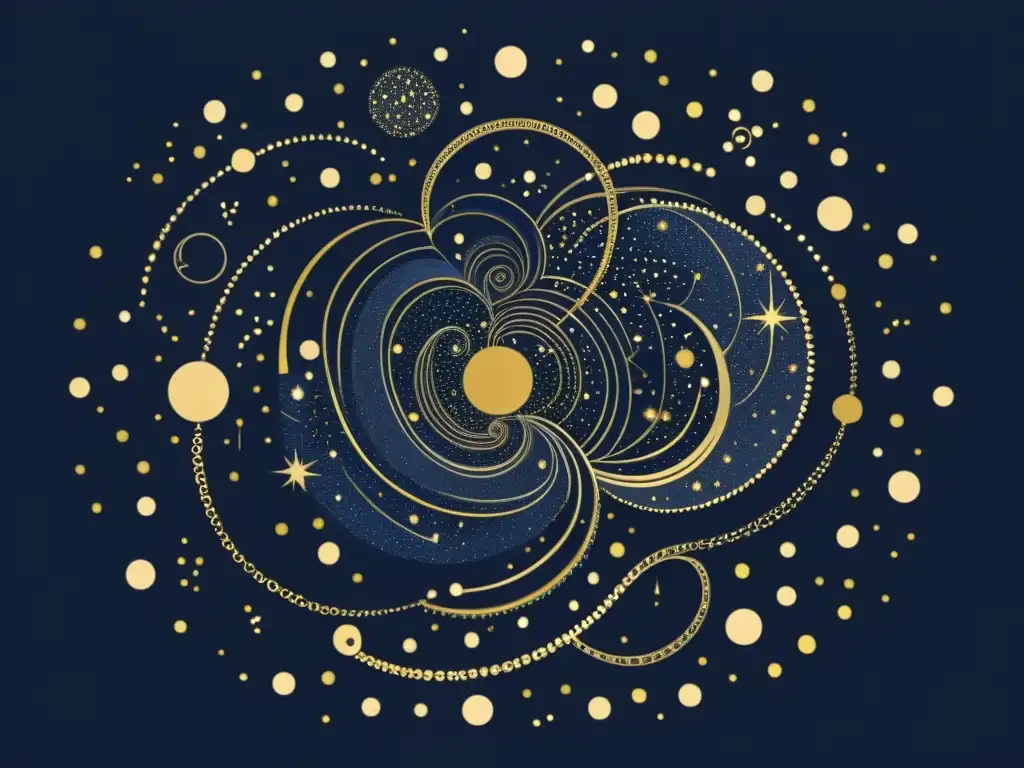 Una ilustración vintage de la constelación Labyrinthos, con estrellas en tonos índigo y oro