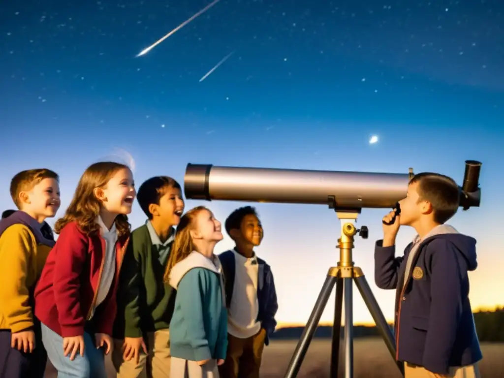 Estudiantes emocionados participando en proyecto ciencias escolares cazadores meteoritos con telescopio vintage