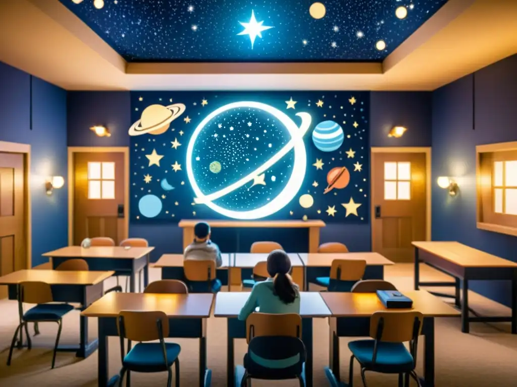 Estudiantes resolviendo enigmas astronómicos en un escape room educativo con decoración celestial vintage